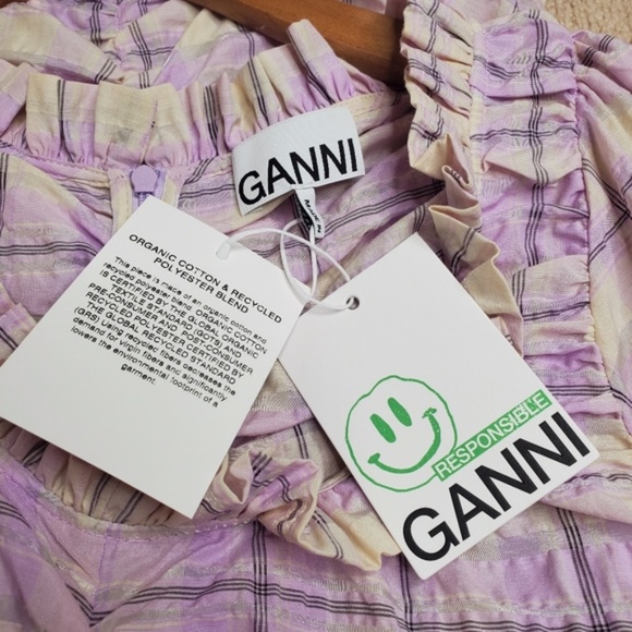 New Ganni Seersucker Check Ruched Short Dress - Picture 5 of 11